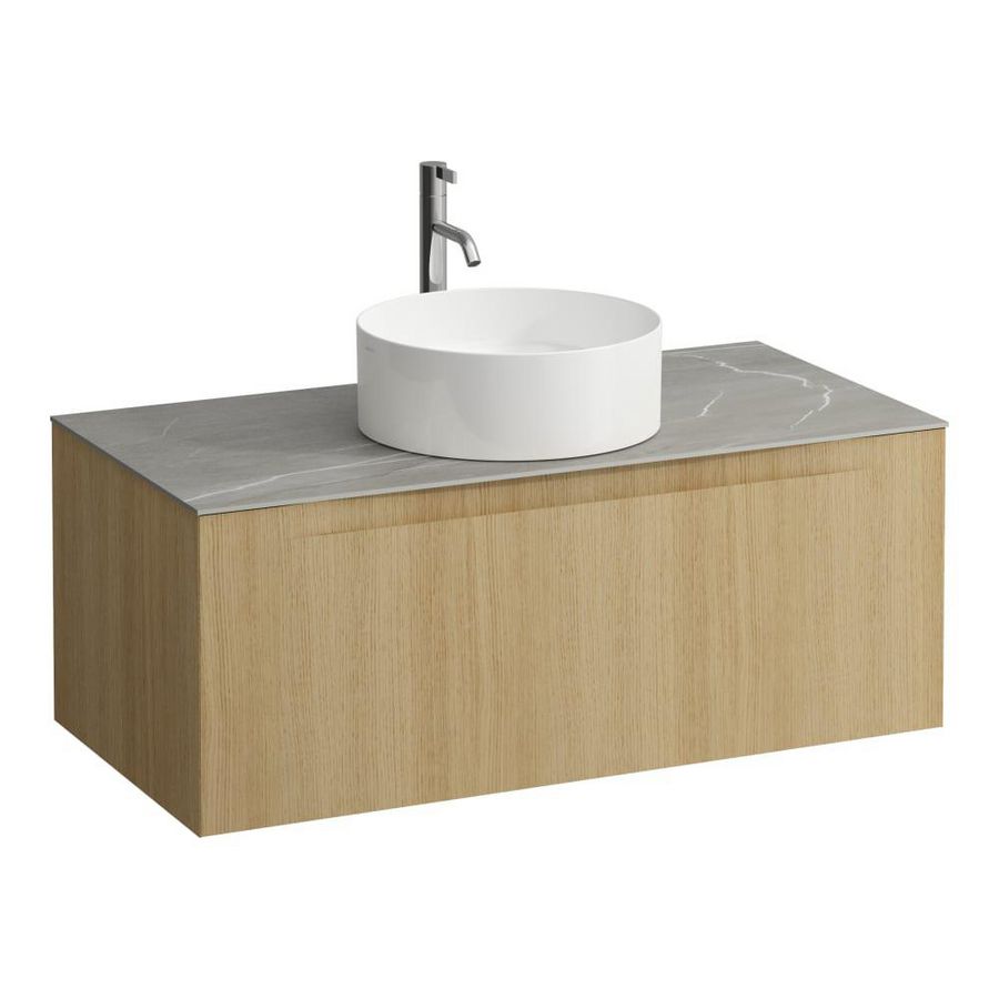 Wastafelonderkast ARUN 1000mm 1x la met gecentreerde uitsparing Piasentina Grigio top met kraangat Licht eiken