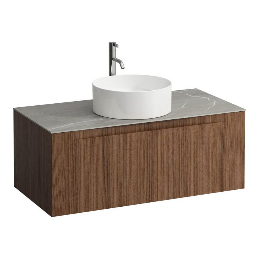 Wastafelonderkast ARUN 1000mm 1x la met gecentreerde uitsparing Piasentina Grigio top met kraangat Noce canaletto