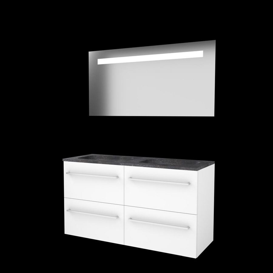 Set ECONOMIC-46 onderkast ice white 120cm (2x 60cm) grepen chroom 4x la hardstenen wastafel z/ kraangat spiegel geïn. LED-verl. (E46GR120H0IW)