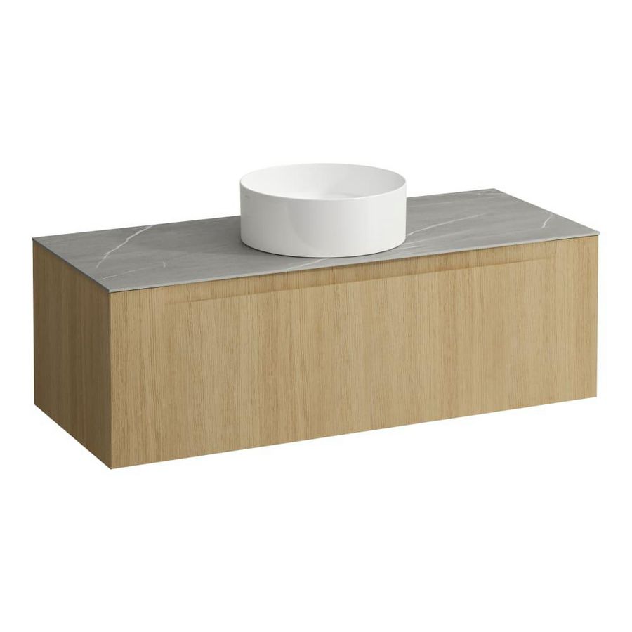 Wastafelonderkast ARUN 1200mm 1x la met gecentreerde uitsparing Piasentina Grigio top Licht eiken
