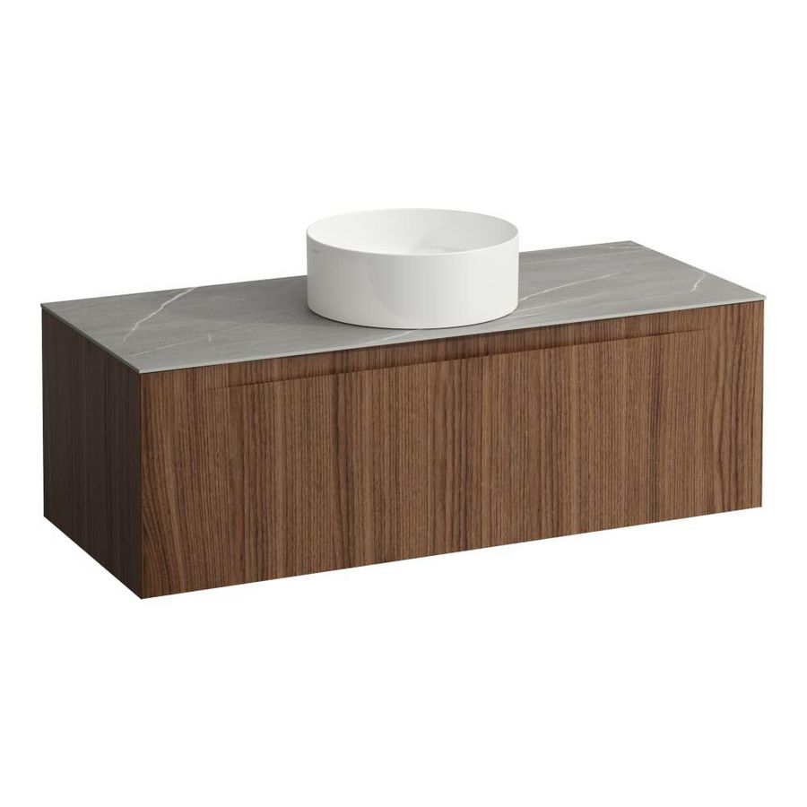Wastafelonderkast ARUN 1200mm 1x la met gecentreerde uitsparing Piasentina Grigio top Noce canaletto