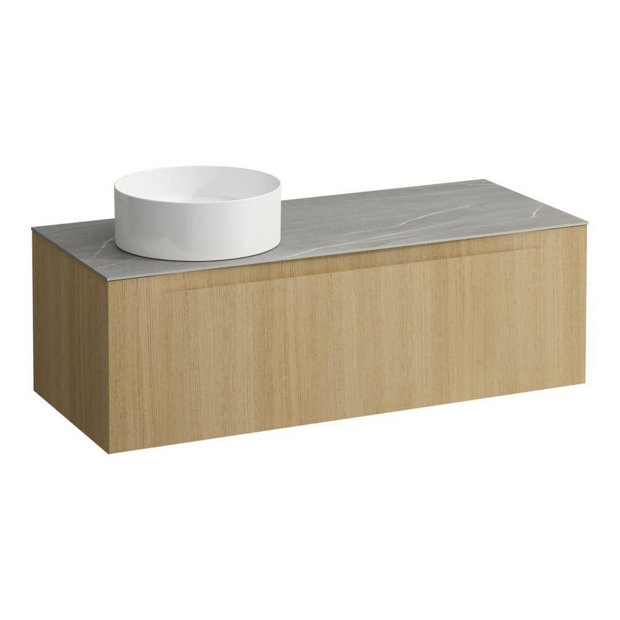 Wastafelonderkast ARUN 1200mm 1x la met uitsparing links Piasentina Grigio top Licht eiken