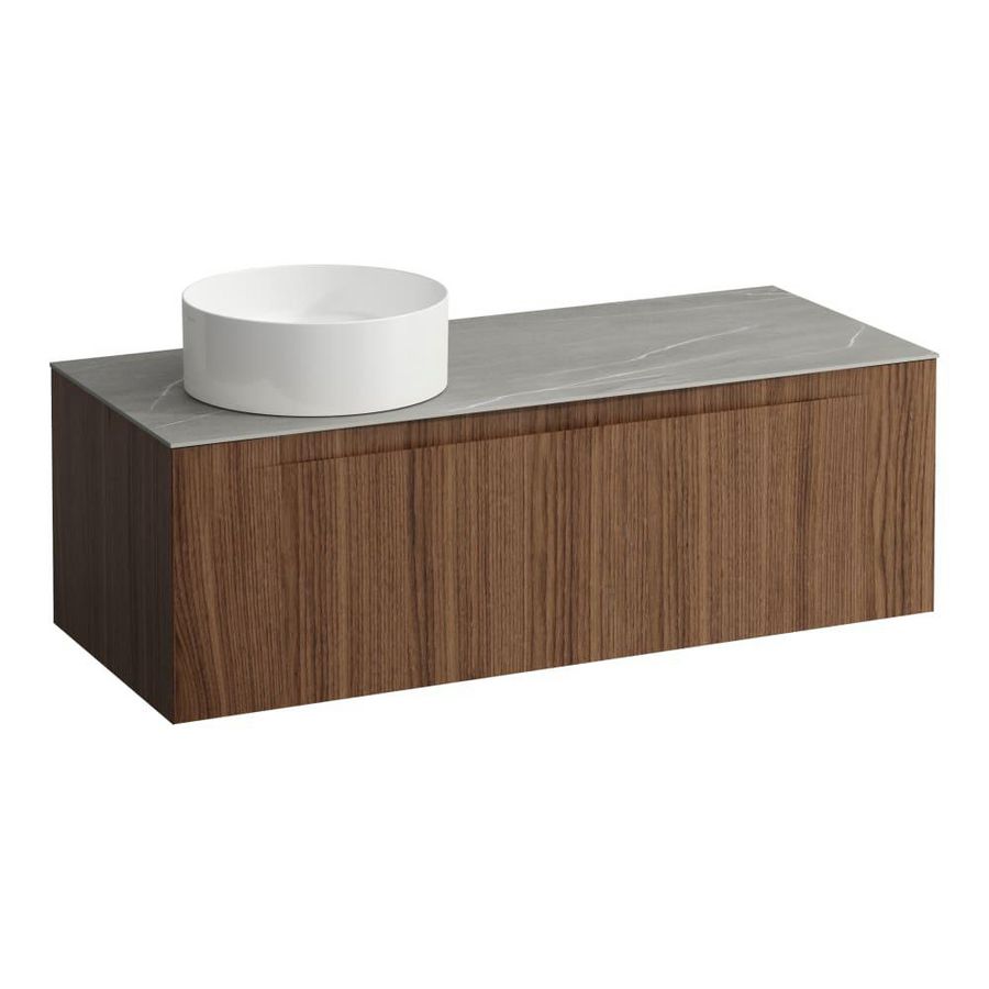 Wastafelonderkast ARUN 1200mm 1x la met uitsparing links Piasentina Grigio top Noce canaletto
