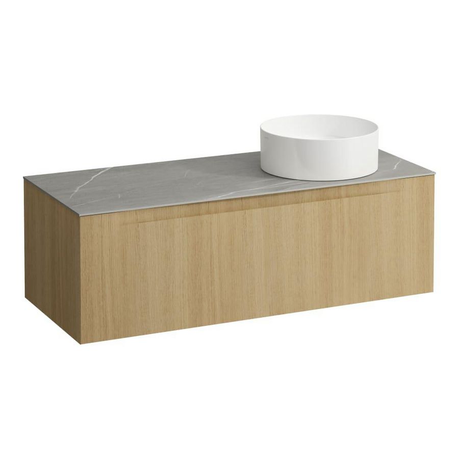 Wastafelonderkast ARUN 1200mm 1x la met uitsparing rechts Piasentina Grigio top Licht eiken