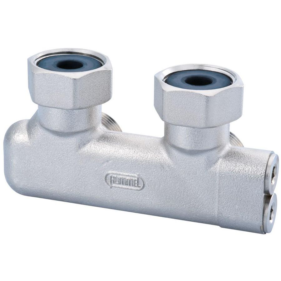 Passeerstuk haaks 3/4"EC x 3/4" afsluitbaar 50mm HoH tbv omgewisselde aanvoer/retour