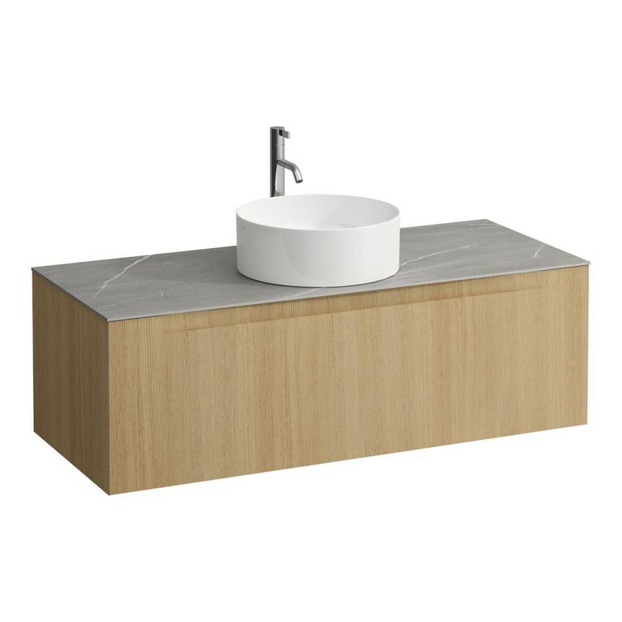 Wastafelonderkast ARUN 1200mm 1x la met gecentreerde uitsparing Piasentina Grigio top met kraangat Licht eiken