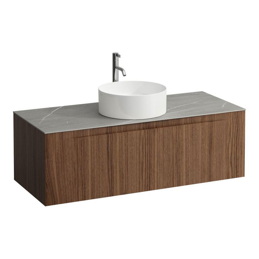 Wastafelonderkast ARUN 1200mm 1x la met gecentreerde uitsparing Piasentina Grigio top met kraangat Noce canaletto