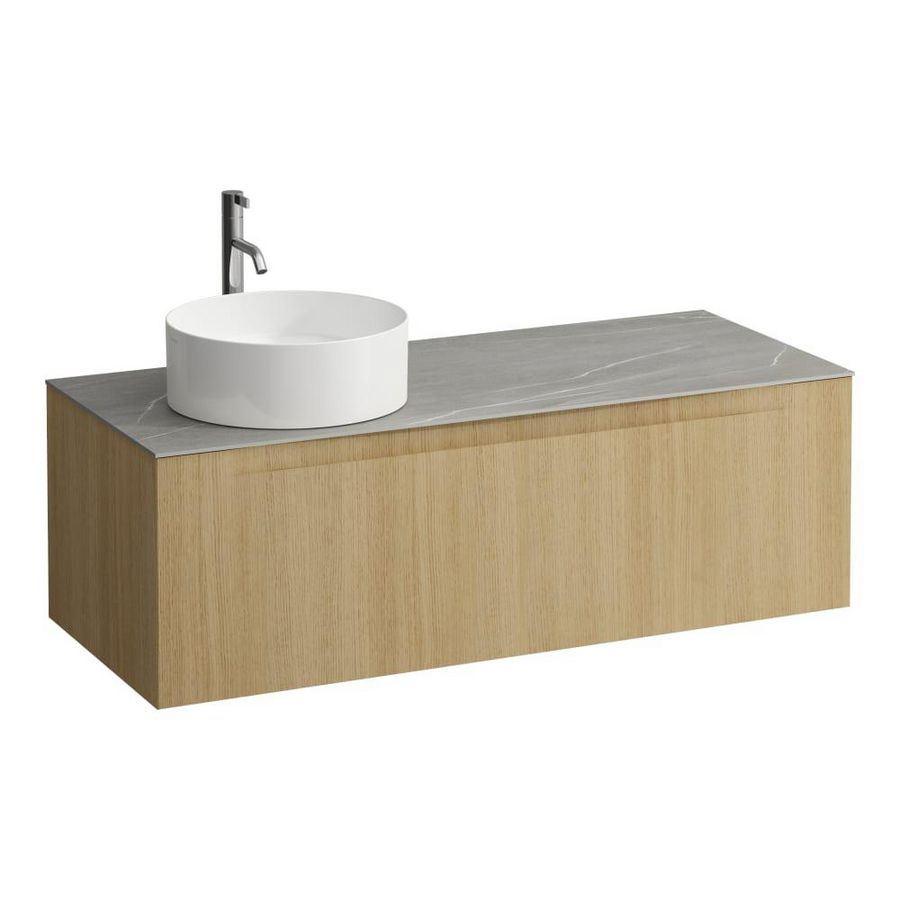 Wastafelonderkast ARUN 1200mm 1x la met uitsparing links Piasentina Grigio top met kraangat Licht eiken