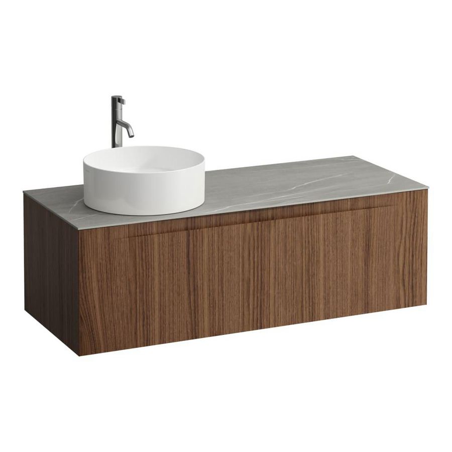 Wastafelonderkast ARUN 1200mm 1x la met uitsparing links Piasentina Grigio top met kraangat Noce canaletto