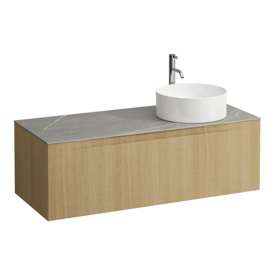 Wastafelonderkast ARUN 1200mm 1x la met uitsparing rechts Piasentina Grigio top met kraangat Licht eiken