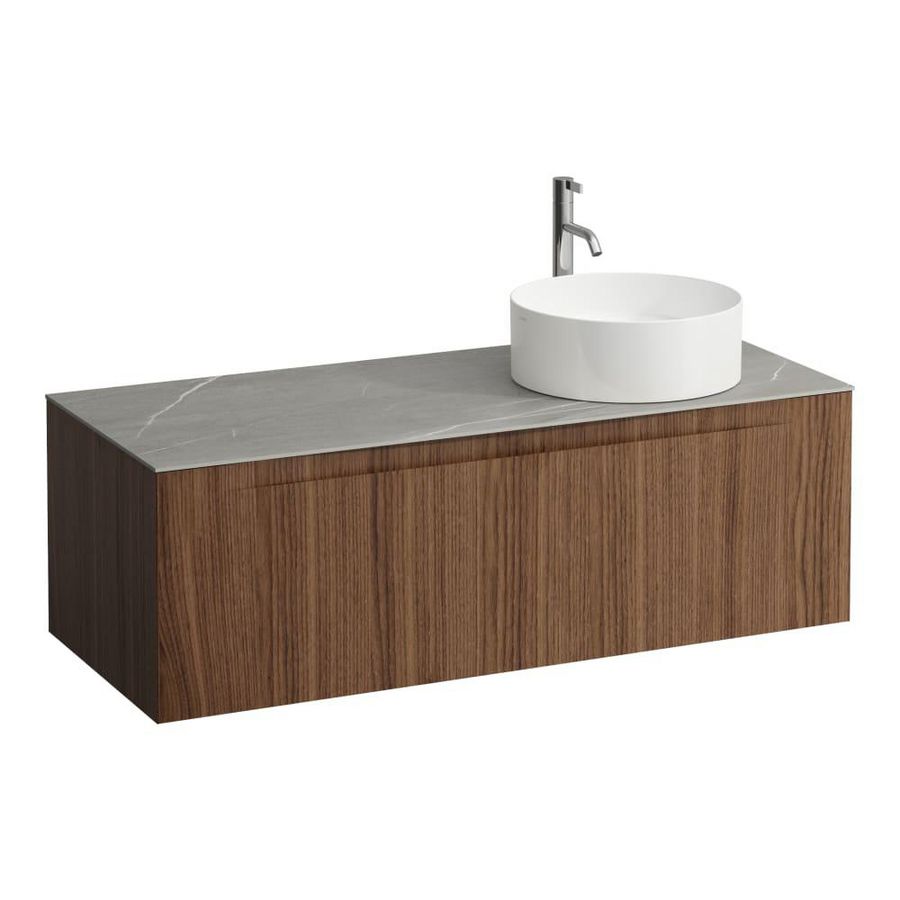 Wastafelonderkast ARUN 1200mm 1x la met uitsparing rechts Piasentina Grigio top met kraangat Noce canaletto