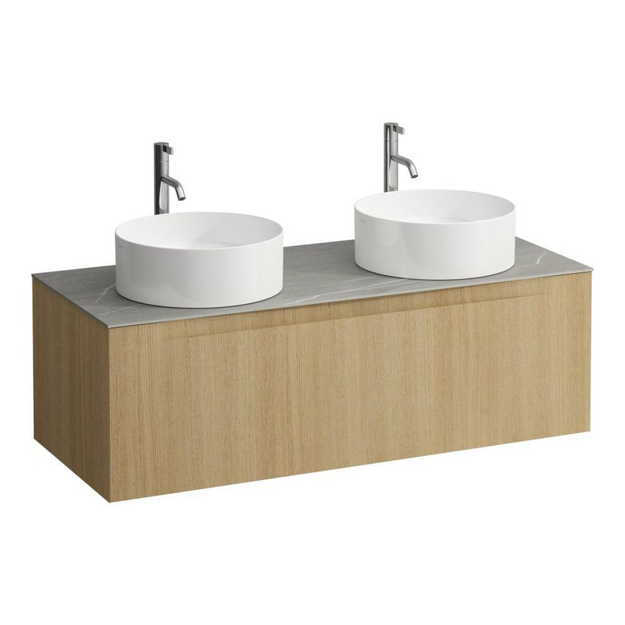 Wastafelonderkast ARUN 1200mm 1x la met uitsparing links + rechts Piasentina Grigio top met kraangat Licht eiken