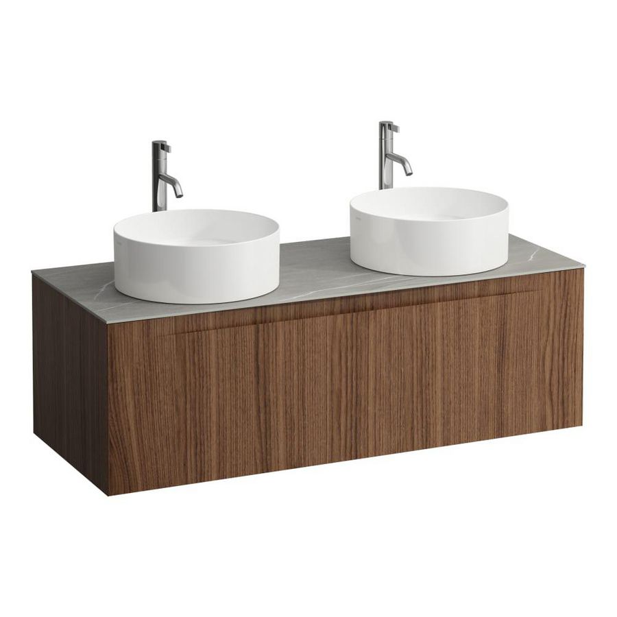 Wastafelonderkast ARUN 1200mm 1x la met uitsparing links + rechts Piasentina Grigio top met kraangat Noce canaletto