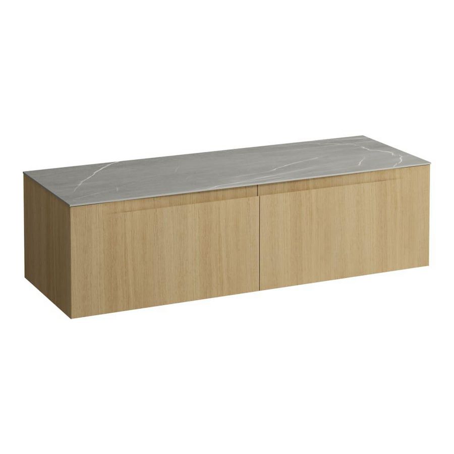 Wastafelonderkast ARUN 1400mm 2x la zonder uitsparingen Piasentina Grigio top Licht eiken