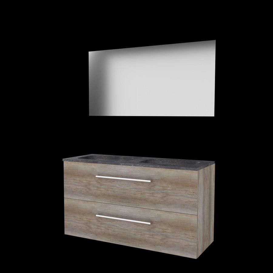 Set ULTIMATE-46 onderkast scotch oak 120cm grepen chroom 2x la hardstenen wastafel 2x kraangat spiegel ind. LED-verl. ↑+↓ (U46GR1202H2SO)