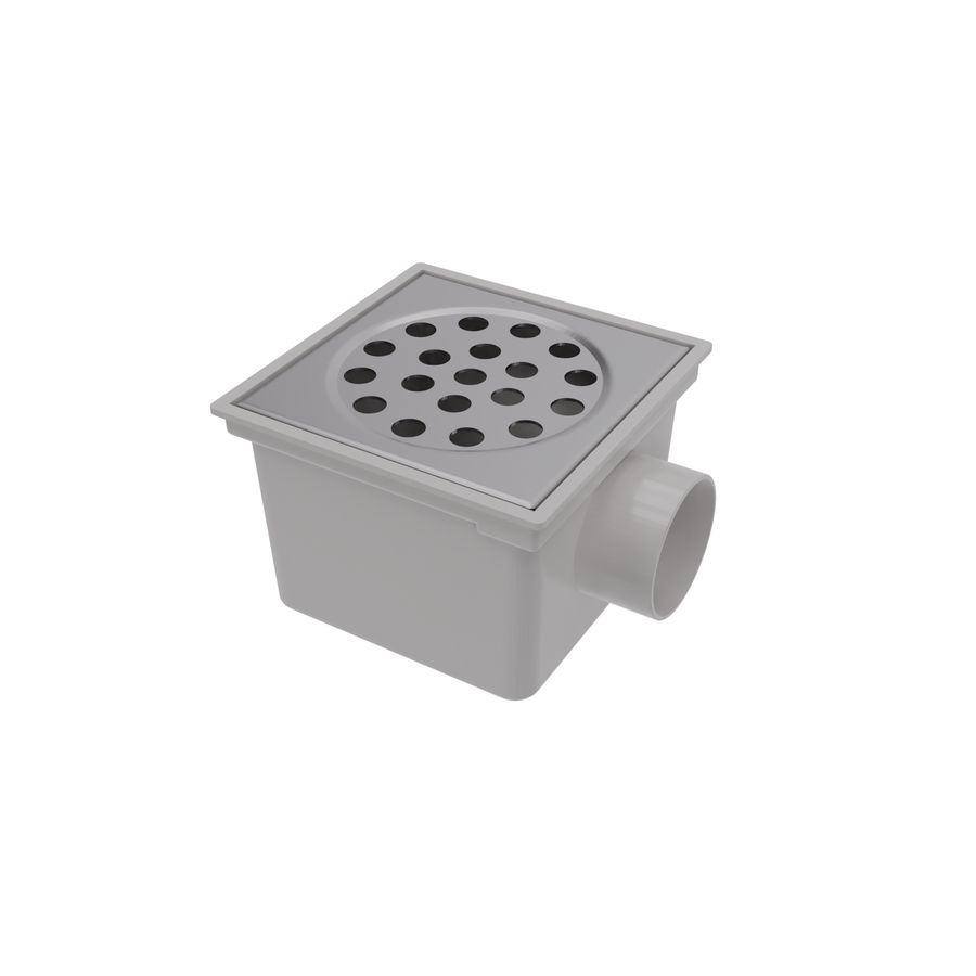 ABS emmerput 200x200mm zijuitlaat 75mm m.RVS rooster