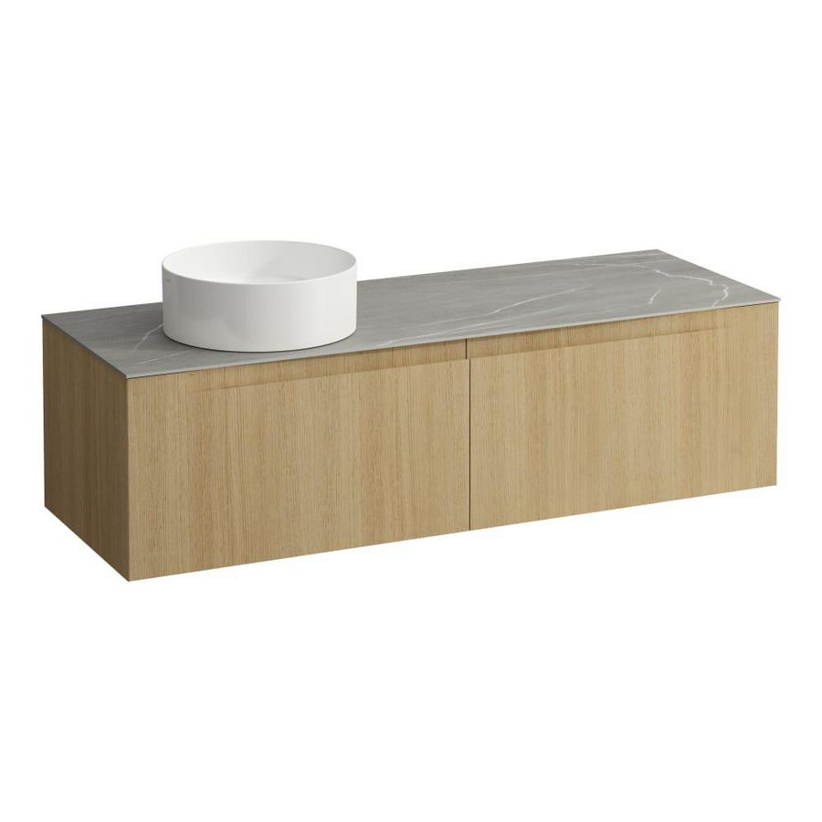 Wastafelonderkast ARUN 1400mm 2x la met uitsparing links Piasentina Grigio top Licht eiken