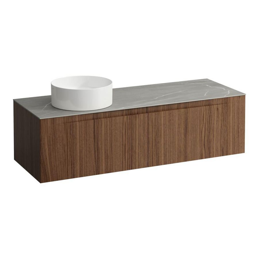 Wastafelonderkast ARUN 1400mm 2x la met uitsparing links Piasentina Grigio top Noce canaletto