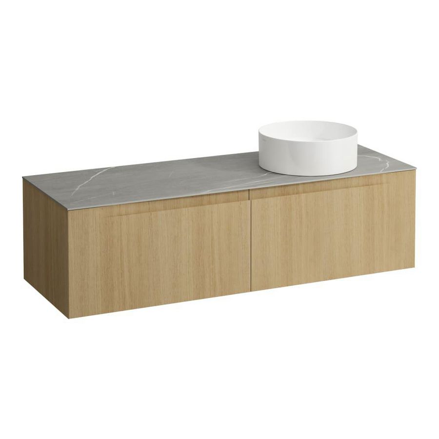 Wastafelonderkast ARUN 1400mm 2x la met uitsparing rechts Piasentina Grigio top Licht eiken