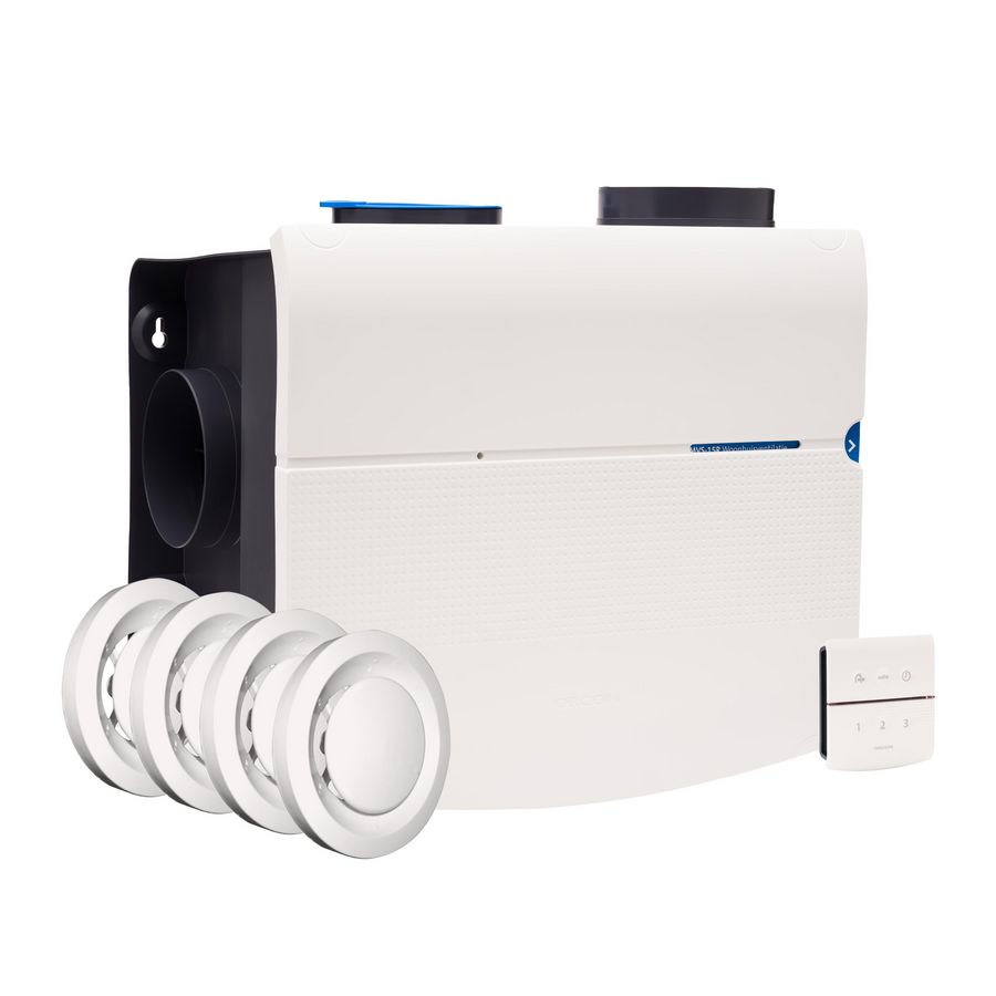 Renovatiepakket woonhuisventilator met vochtsensor+timerfunctie MVS-15RHB RA-stekker incl. draadloze bediening 15RF + 4x  MKL ventiel