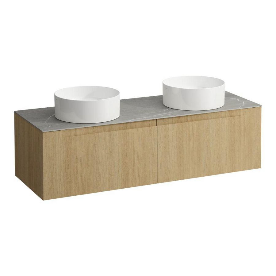 Wastafelonderkast ARUN 1400mm 2x la met uitsparing links + rechts Piasentina Grigio top Licht eiken