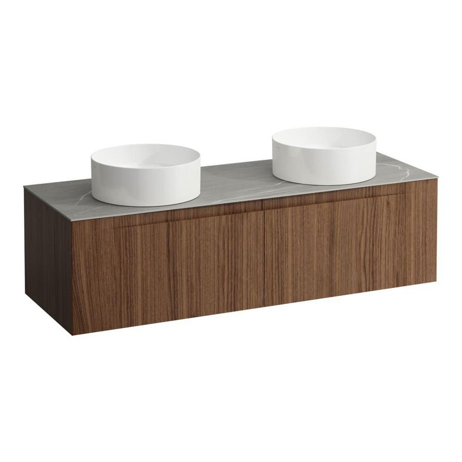 Wastafelonderkast ARUN 1400mm 2x la met uitsparing links + rechts Piasentina Grigio top Noce canaletto