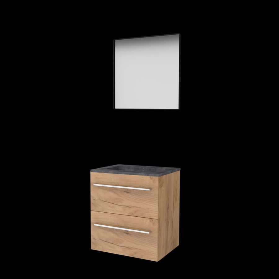 Set FRAMED-46 onderkast whisky oak 60cm grepen chroom 2x la hardstenen wastafel 1x kraangat spiegel frame mat zwart (F46GR60H1WO)