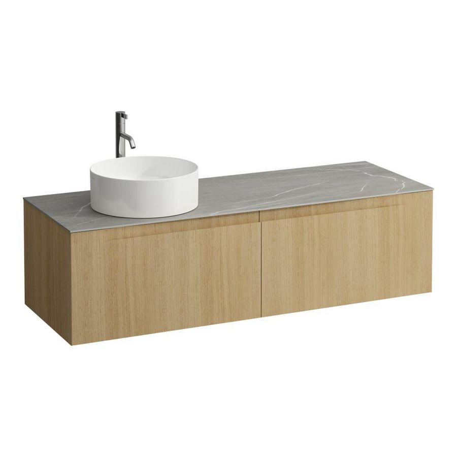 Wastafelonderkast ARUN 1400mm 2x la met uitsparing links Piasentina Grigio top met kraangat Licht eiken