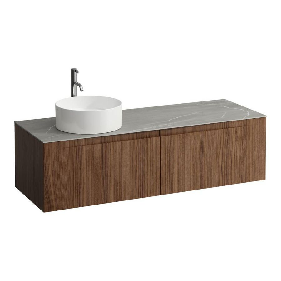 Wastafelonderkast ARUN 1400mm 2x la met uitsparing links Piasentina Grigio top met kraangat Noce canaletto