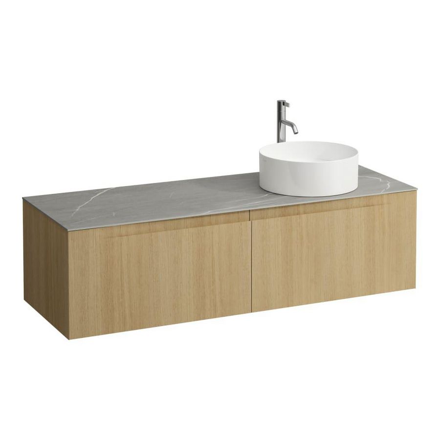 Wastafelonderkast ARUN 1400mm 2x la met uitsparing rechts Piasentina Grigio top met kraangat Licht eiken