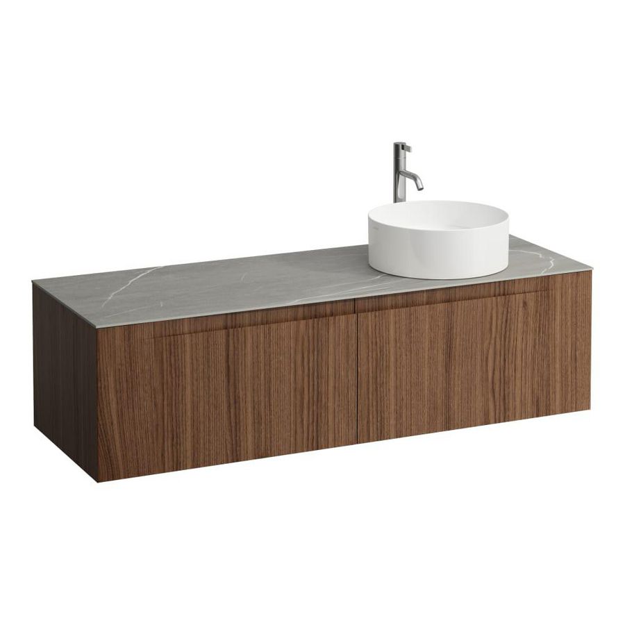 Wastafelonderkast ARUN 1400mm 2x la met uitsparing rechts Piasentina Grigio top met kraangat Noce canaletto