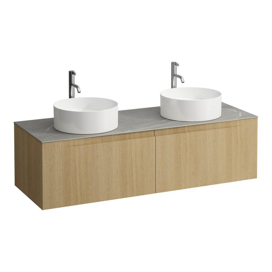 Wastafelonderkast ARUN 1400mm 2x la met uitsparing links + rechts Piasentina Grigio top met kraangat Licht eiken