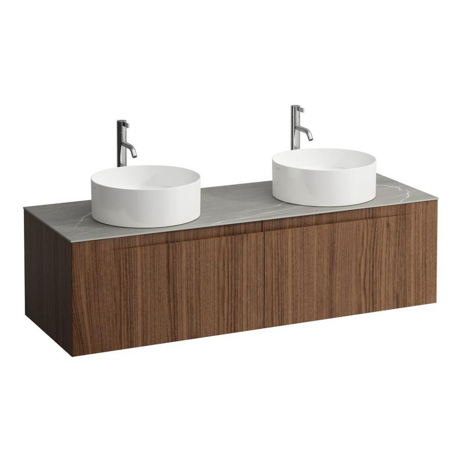 Wastafelonderkast ARUN 1400mm 2x la met uitsparing links + rechts Piasentina Grigio top met kraangat Noce canaletto