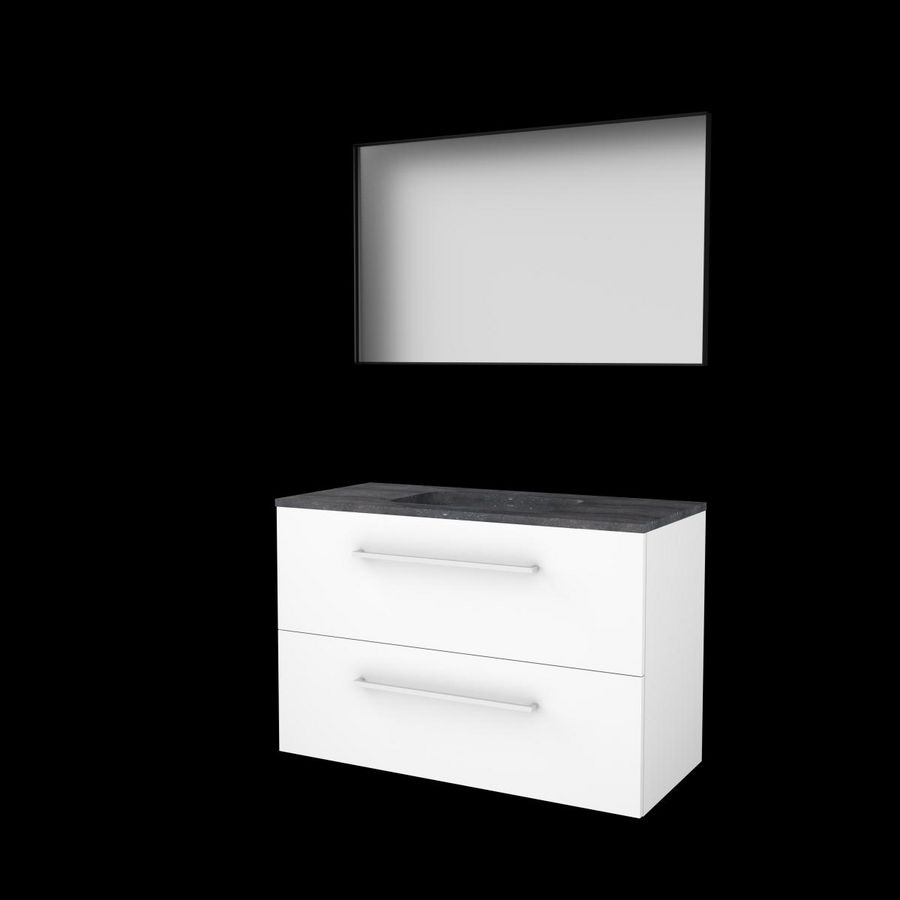 Set FRAMED-46 onderkast ice white 100cm grepen chroom 2x la hardstenen wastafel z/ kraangat spiegel frame mat zwart (F46GR100H0IW)