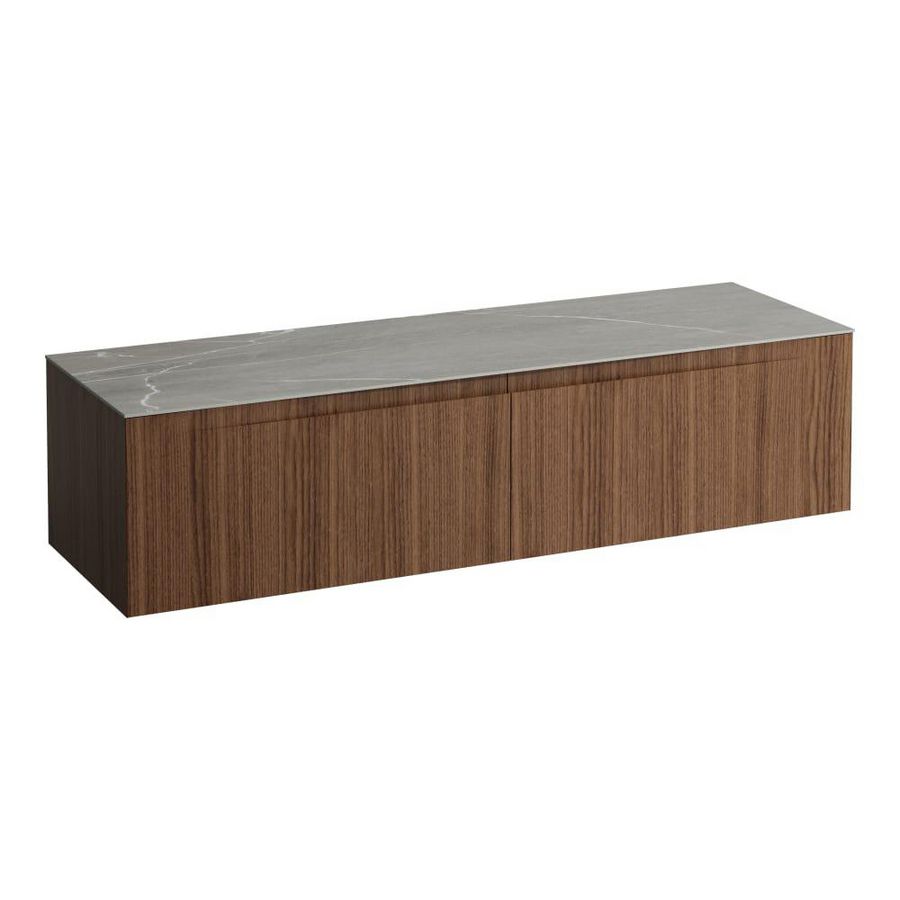 Wastafelonderkast ARUN 1600mm 2x la zonder uitsparingen Piasentina Grigio top Noce canaletto