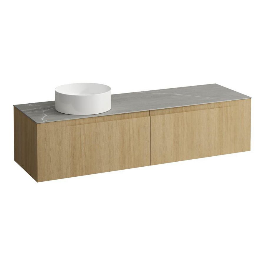 Wastafelonderkast ARUN 1600mm 2x la met uitsparing links Piasentina Grigio top Licht eiken