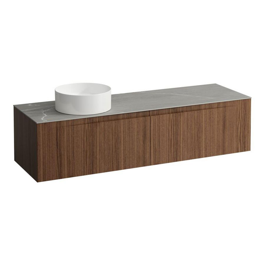 Wastafelonderkast ARUN 1600mm 2x la met uitsparing links Piasentina Grigio top Noce canaletto