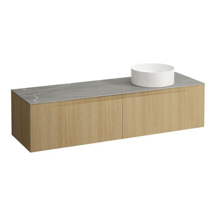 Wastafelonderkast ARUN 1600mm 2x la met uitsparing rechts Piasentina Grigio top Licht eiken