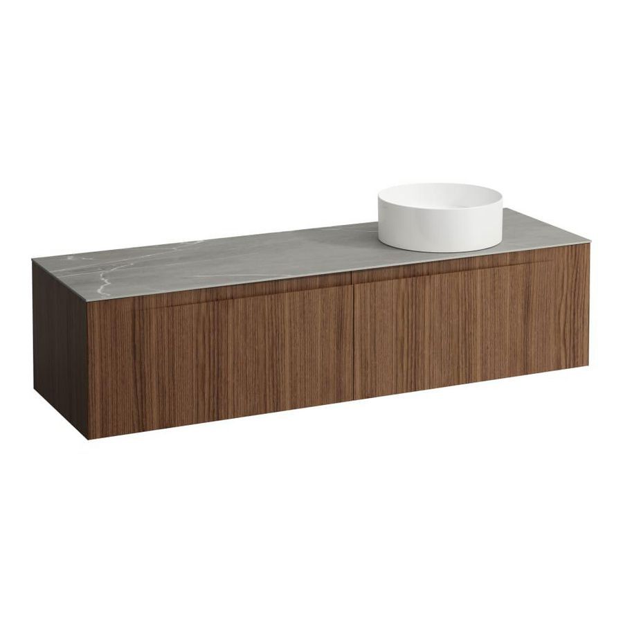 Wastafelonderkast ARUN 1600mm 2x la met uitsparing rechts Piasentina Grigio top Noce canaletto