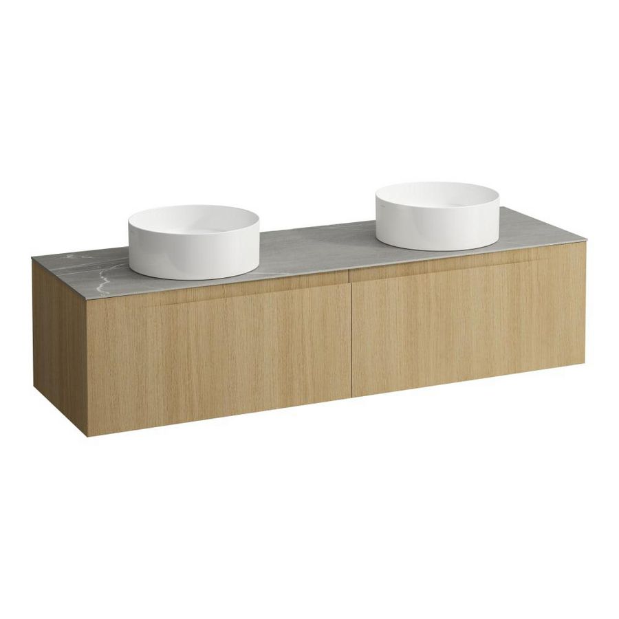 Wastafelonderkast ARUN 1600mm 2x la met uitsparing links + rechts Piasentina Grigio top Licht eiken