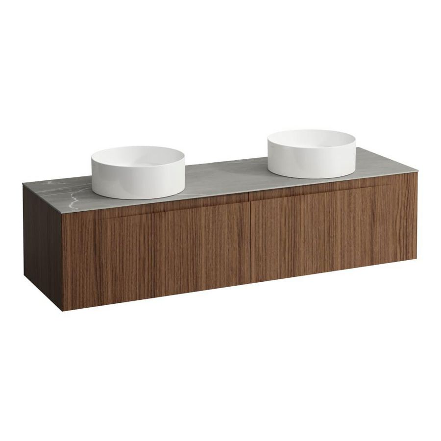 Wastafelonderkast ARUN 1600mm 2x la met uitsparing links + rechts Piasentina Grigio top Noce canaletto