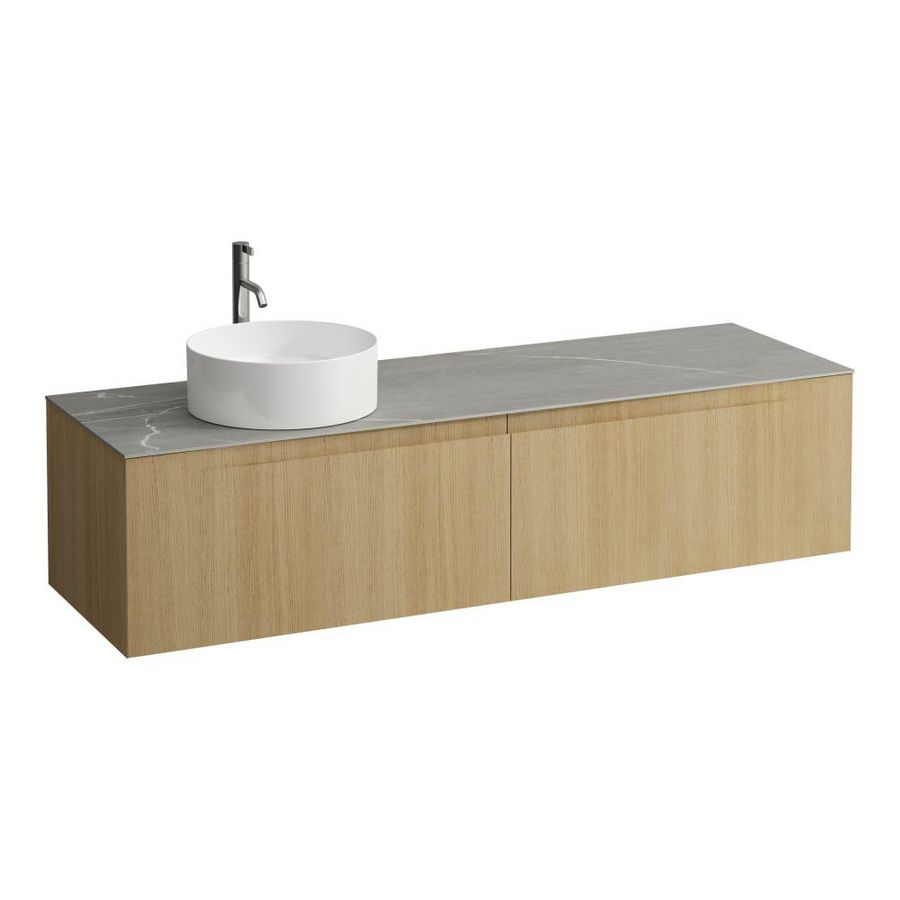 Wastafelonderkast ARUN 1600mm 2x la met uitsparing links Piasentina Grigio top met kraangat Licht eiken