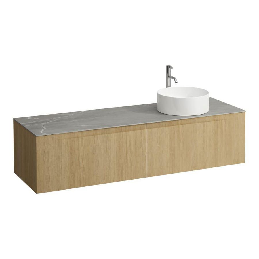 Wastafelonderkast ARUN 1600mm 2x la met uitsparing rechts Piasentina Grigio top met kraangat Licht eiken