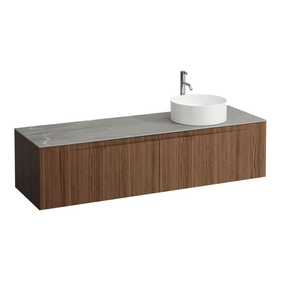 Wastafelonderkast ARUN 1600mm 2x la met uitsparing rechts Piasentina Grigio top met kraangat Noce canaletto