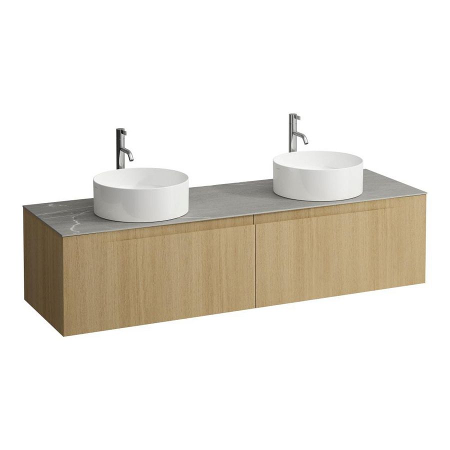 Wastafelonderkast ARUN 1600mm 2x la met uitsparing links + rechts Piasentina Grigio top met kraangat Licht eiken
