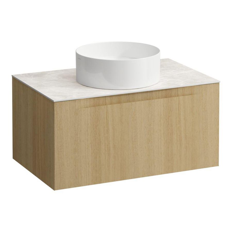 Wastafelonderkast ARUN 800mm 1x la met gecentreerde uitsparing Botticino Crema top Licht eiken
