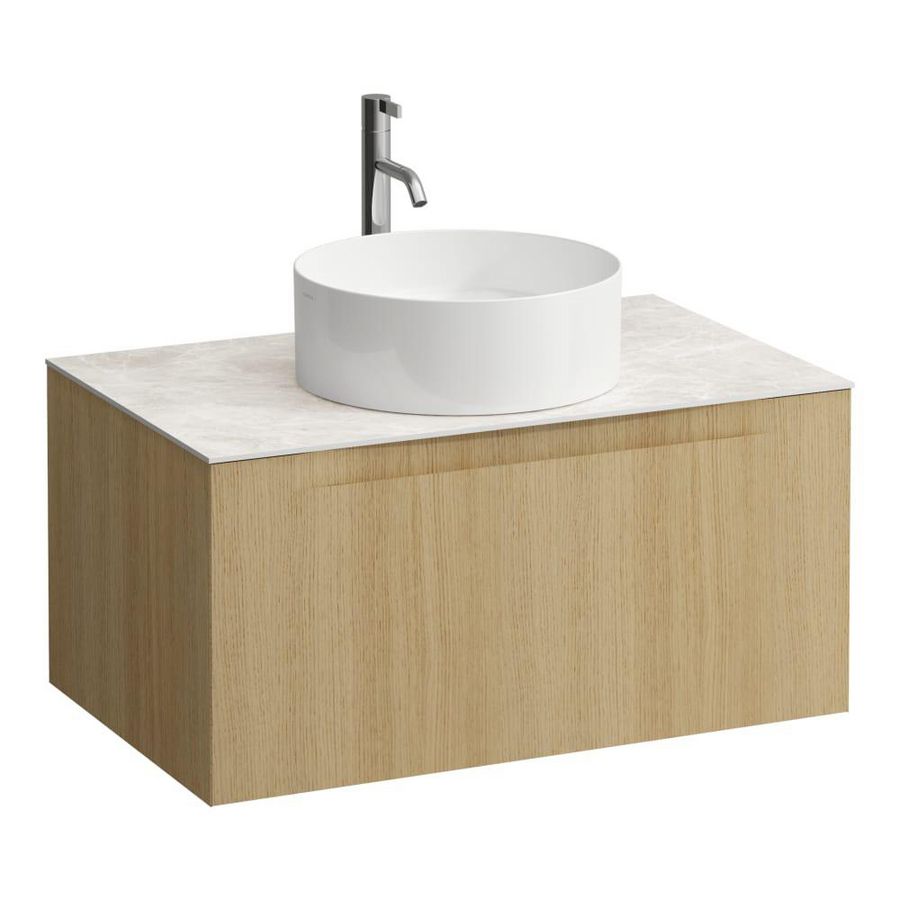 Wastafelonderkast ARUN 800mm 1x la met gecentreerde uitsparing Botticino Crema top met kraangat Licht eiken