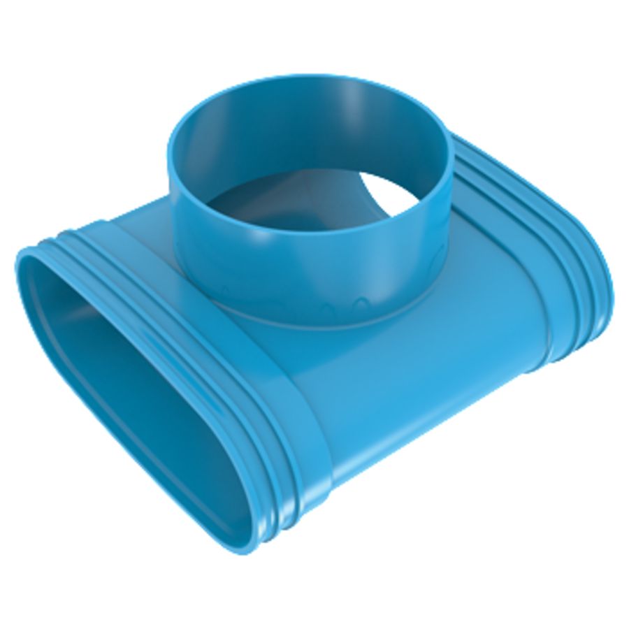 T-stuk lijm 90° PVC luchtverdeelsysteem VENTIZA blauw (195x80mm)x Ø125mm x(195x80mm) H=50mm 3x mof