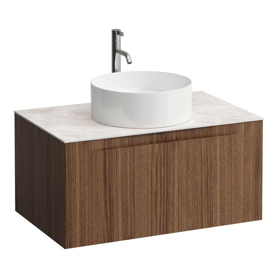 Wastafelonderkast ARUN 800mm 1x la met gecentreerde uitsparing Botticino Crema top met kraangat Noce canaletto