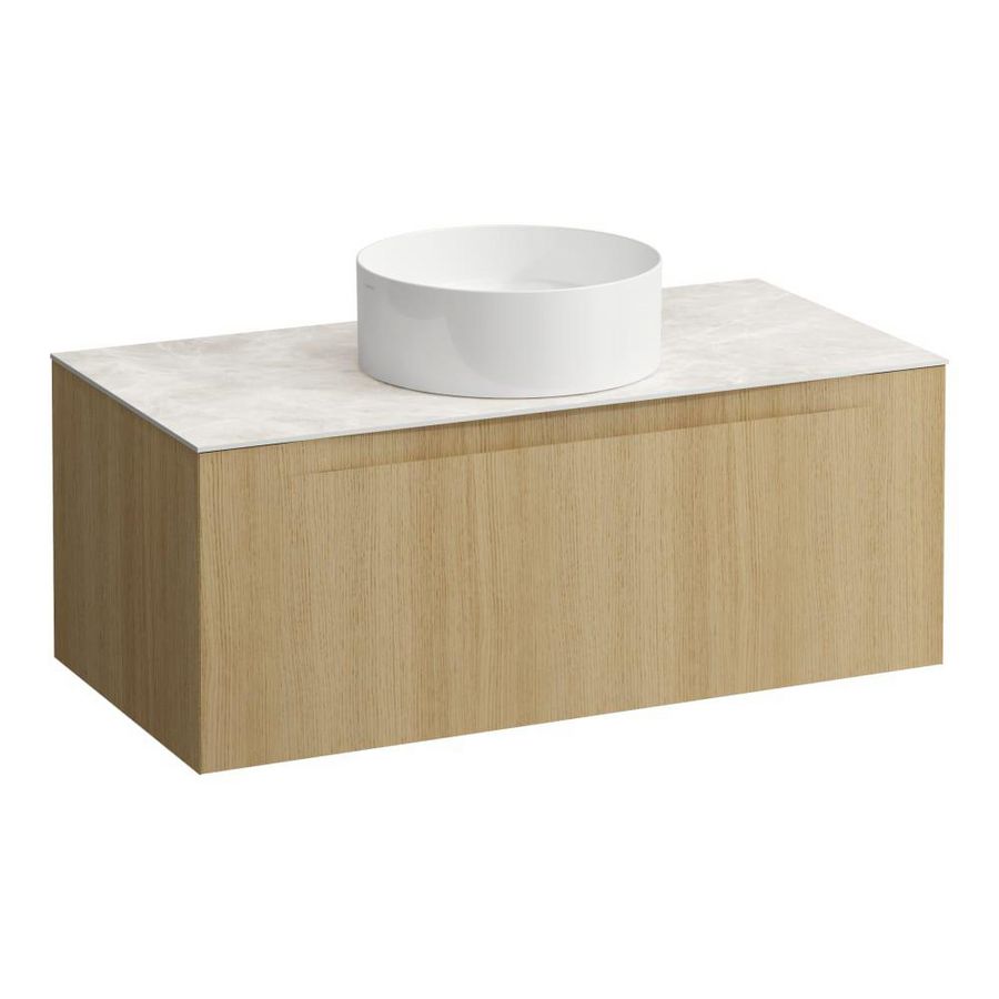 Wastafelonderkast ARUN 1000mm 1x la met gecentreerde uitsparing Botticino Crema top Licht eiken